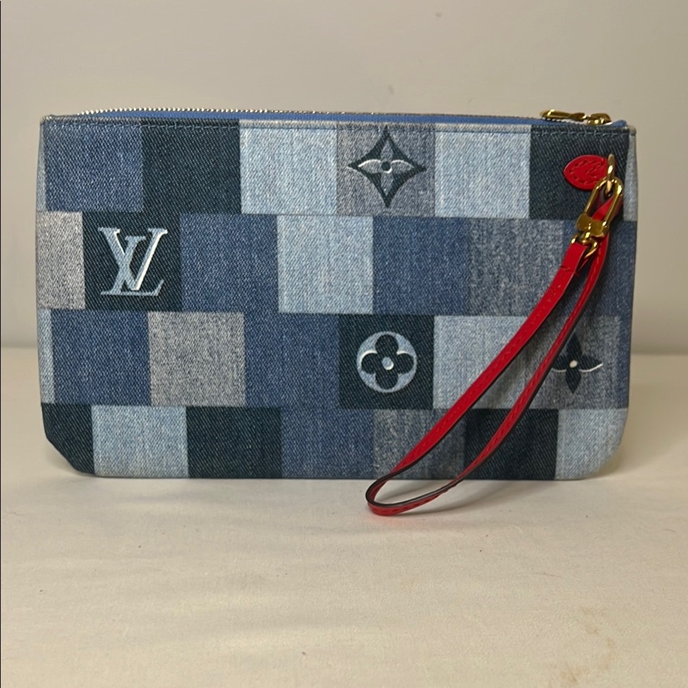 Louis Vuitton Denim Patchwork Clutch with Red Strap